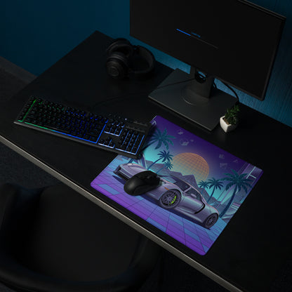 Porsche 918 Spyder Inspired Silver Purple Vaporwave Gaming Mouse Pad – Neon Palm City Grid Desk Mat, Retro Futuristic Hypercar Digital Artwork