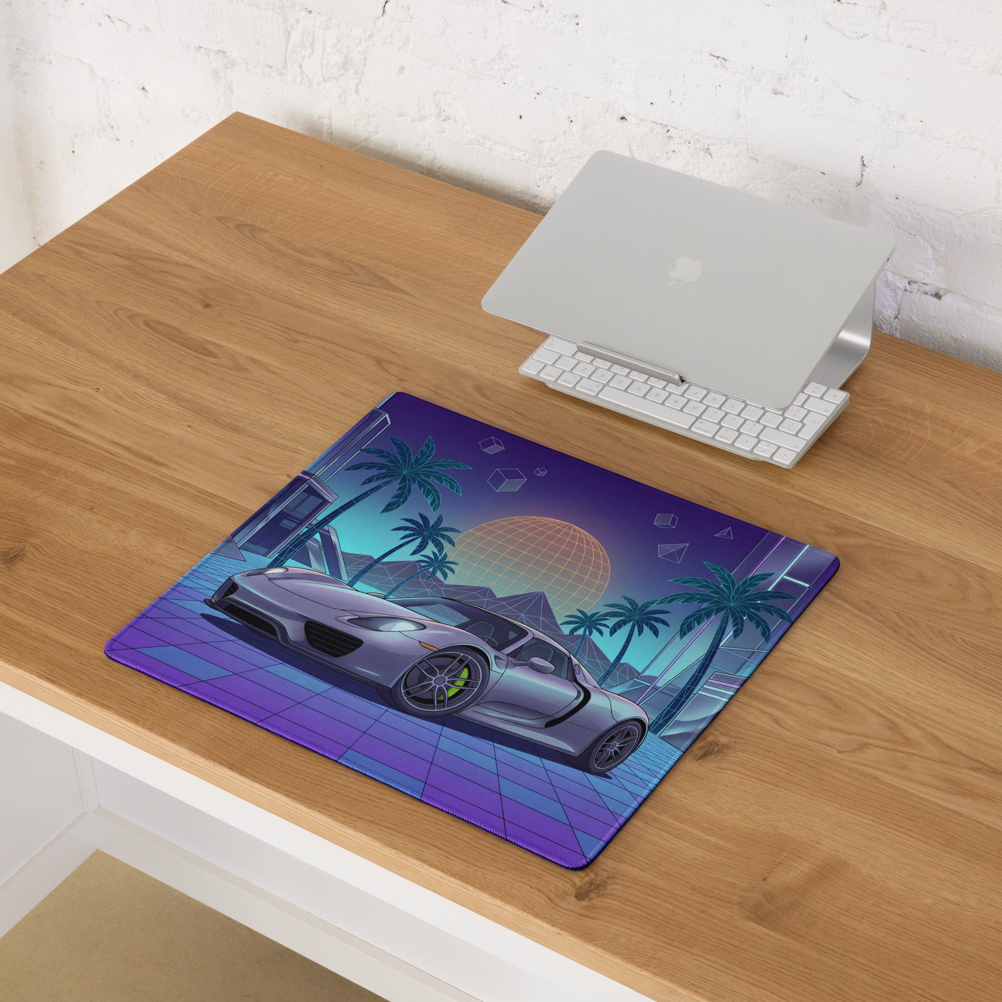 Porsche 918 Spyder Inspired Silver Purple Vaporwave Gaming Mouse Pad – Neon Palm City Grid Desk Mat, Retro Futuristic Hypercar Digital Artwork