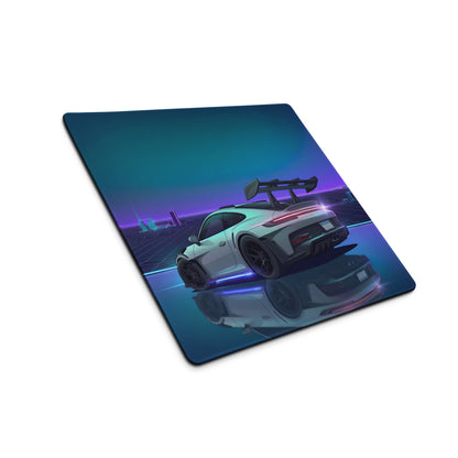 Porsche 911 GT3 RS Inspired Silver Purple Vaporwave Gaming Mouse Pad – Neon Cyber City Grid Desk Mat, Retro Futuristic Sports Car Digital Artwork