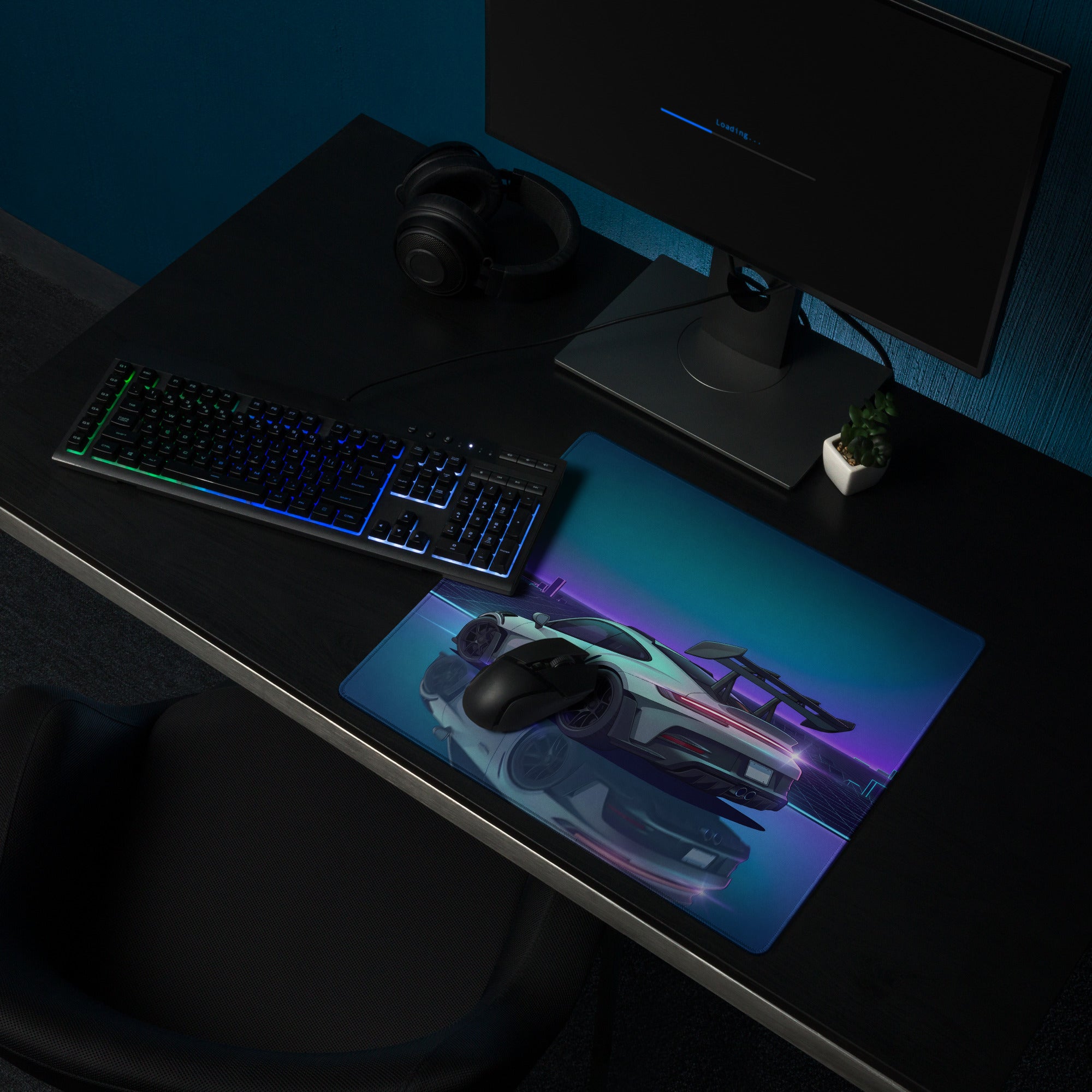 Porsche 911 GT3 RS Inspired Silver Purple Vaporwave Gaming Mouse Pad – Neon Cyber City Grid Desk Mat, Retro Futuristic Sports Car Digital Artwork