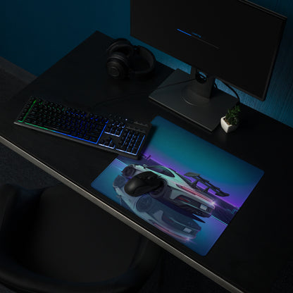 Porsche 911 GT3 RS Inspired Silver Purple Vaporwave Gaming Mouse Pad – Neon Cyber City Grid Desk Mat, Retro Futuristic Sports Car Digital Artwork