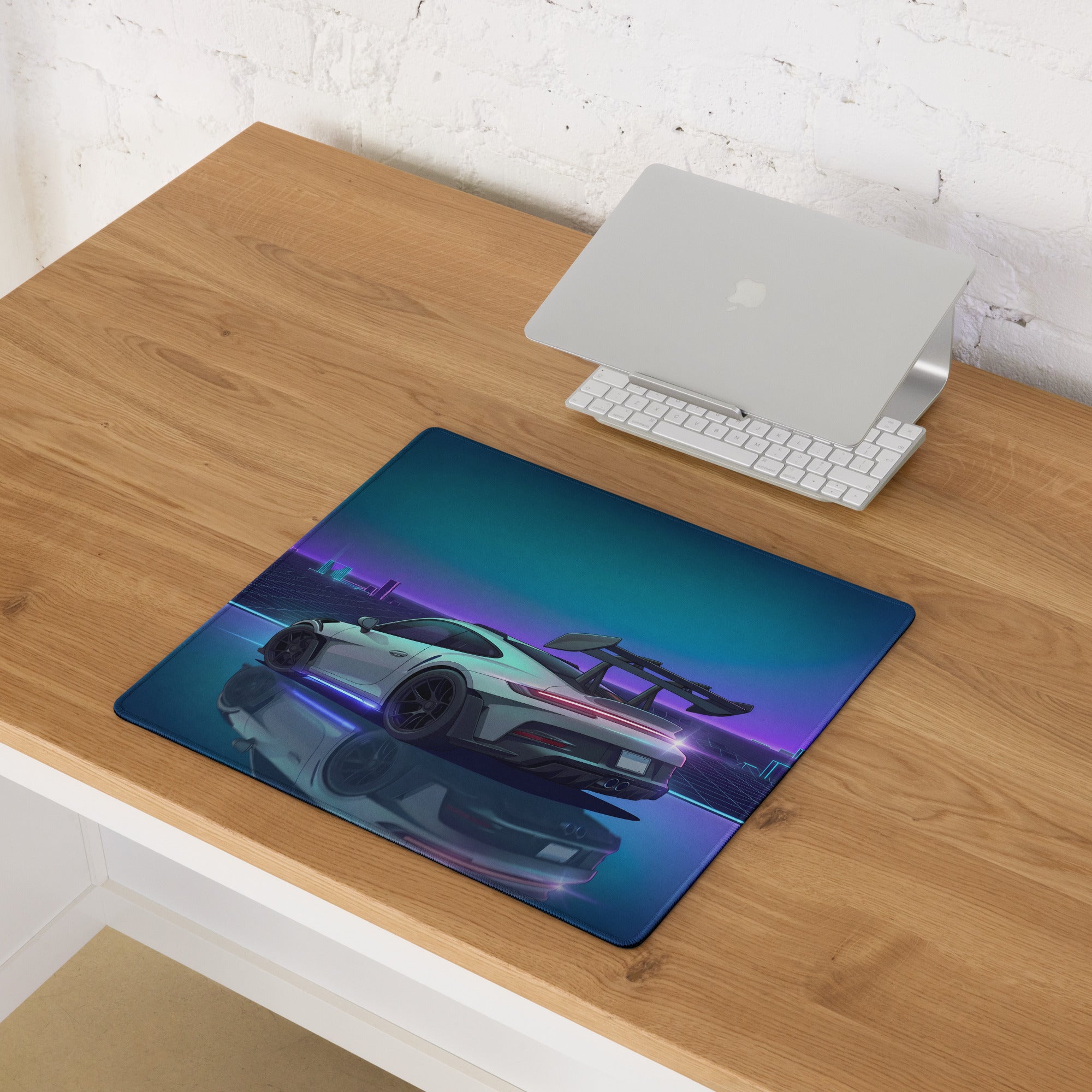 Porsche 911 GT3 RS Inspired Silver Purple Vaporwave Gaming Mouse Pad – Neon Cyber City Grid Desk Mat, Retro Futuristic Sports Car Digital Artwork