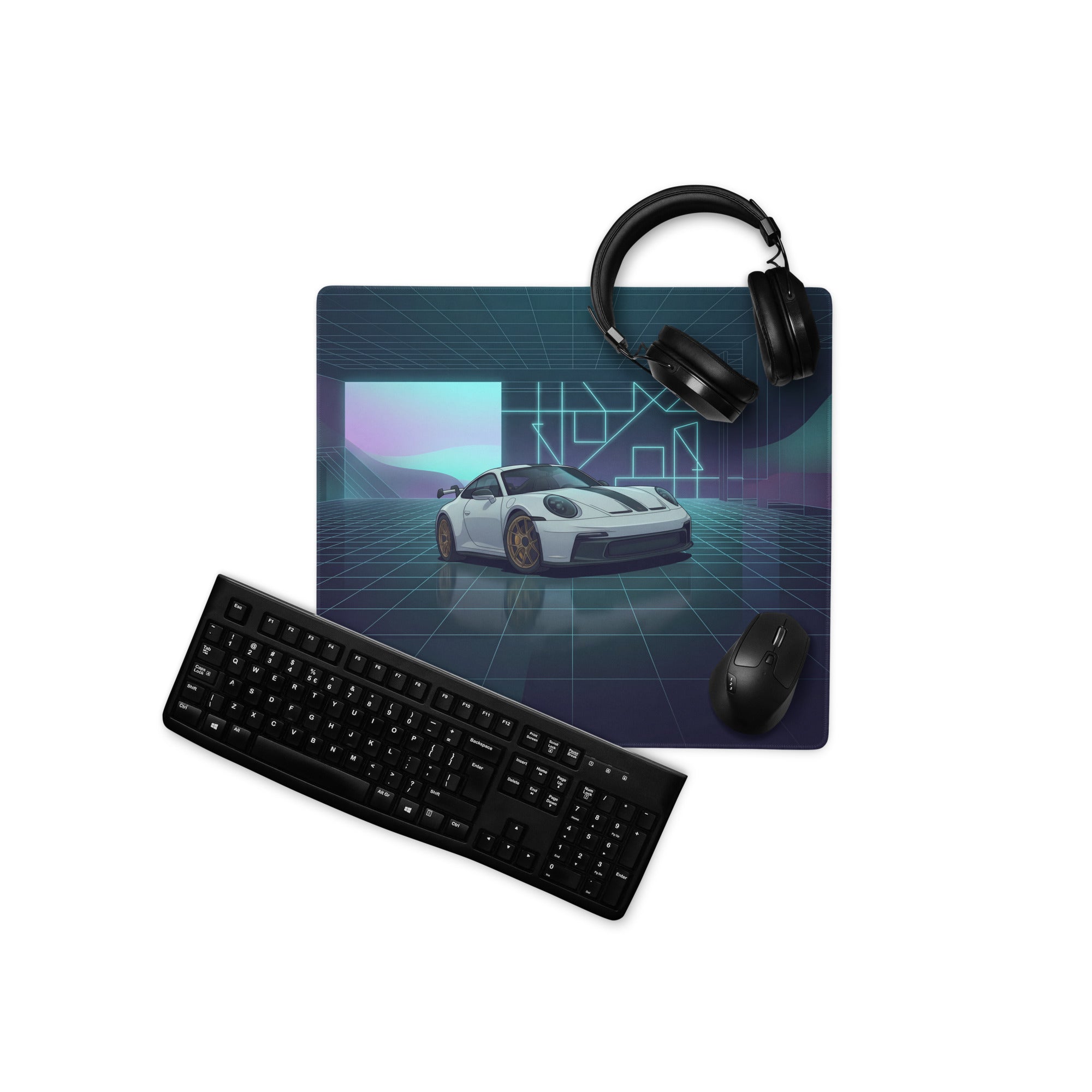 Porsche 911 GT3 Touring Inspired White Blue Vaporwave Gaming Mouse Pad – Neon Futuristic Garage Desk Mat, Retro Sports Car Digital Artwork