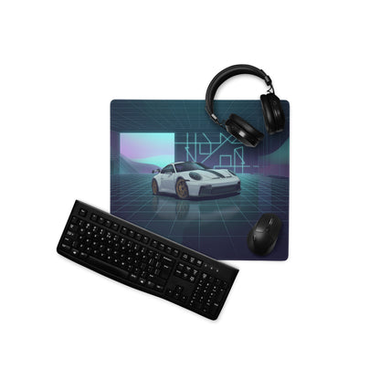 Porsche 911 GT3 Touring Inspired White Blue Vaporwave Gaming Mouse Pad – Neon Futuristic Garage Desk Mat, Retro Sports Car Digital Artwork