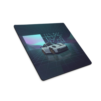 Porsche 911 GT3 Touring Inspired White Blue Vaporwave Gaming Mouse Pad – Neon Futuristic Garage Desk Mat, Retro Sports Car Digital Artwork