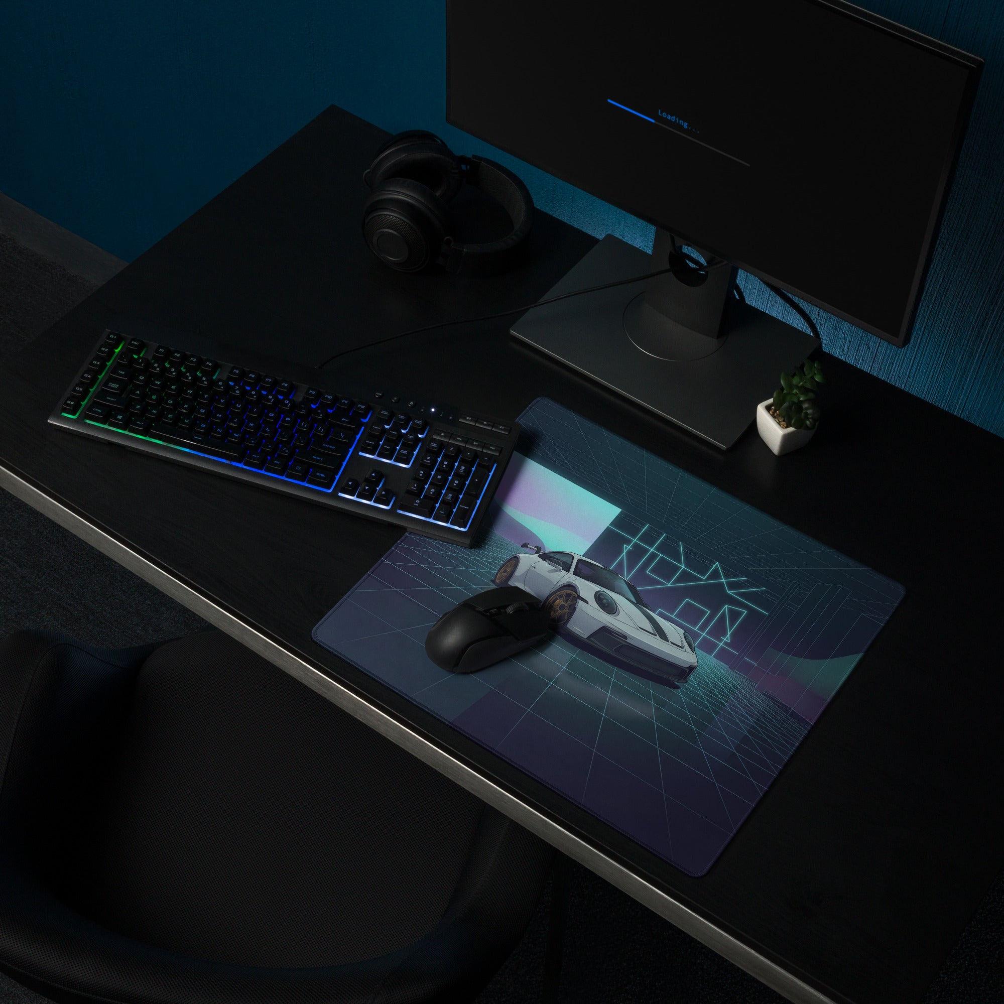 Porsche 911 GT3 Touring Inspired White Blue Vaporwave Gaming Mouse Pad – Neon Futuristic Garage Desk Mat, Retro Sports Car Digital Artwork