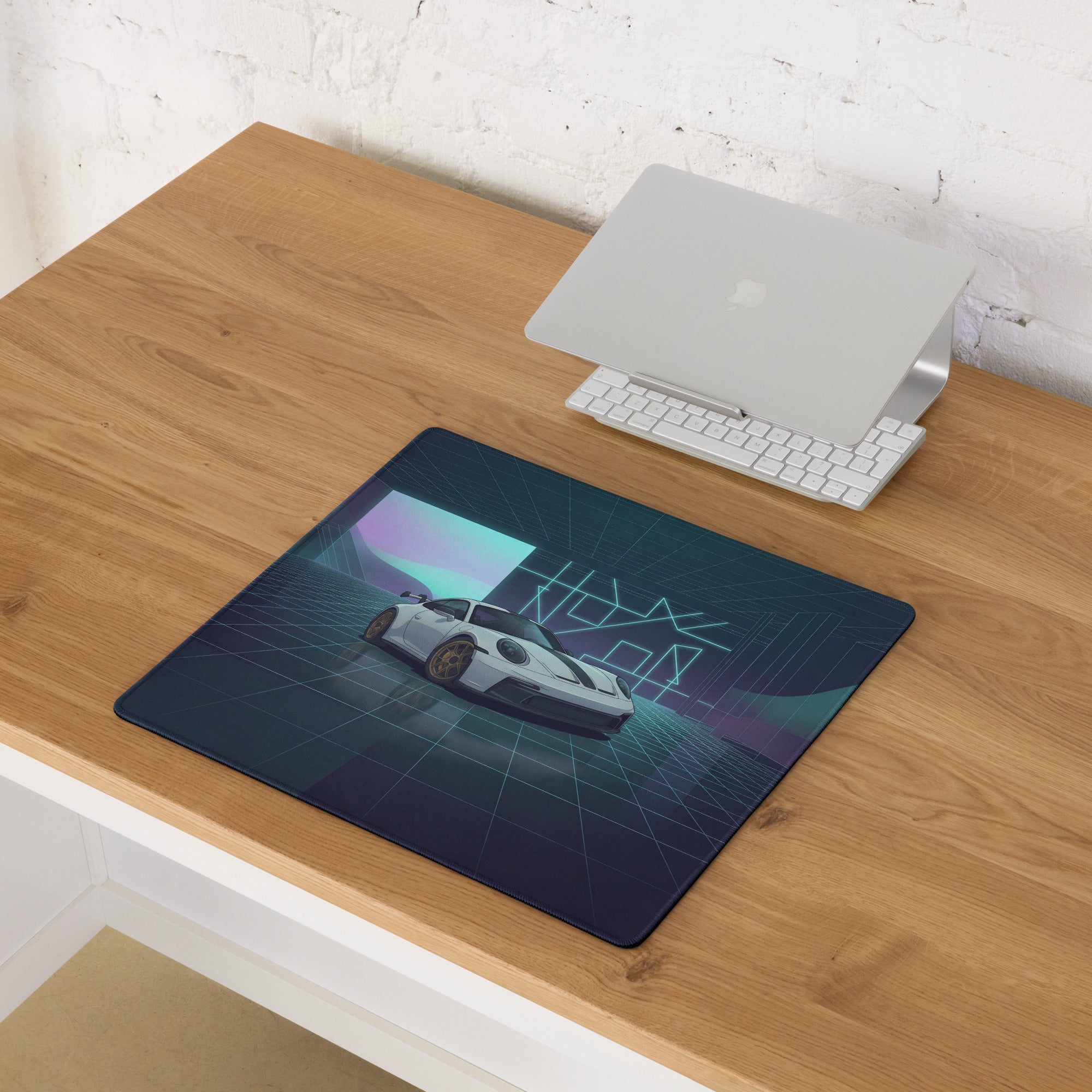 Porsche 911 GT3 Touring Inspired White Blue Vaporwave Gaming Mouse Pad – Neon Futuristic Garage Desk Mat, Retro Sports Car Digital Artwork