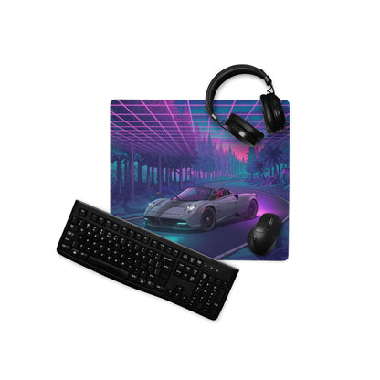 Pagani Huayra Roadster Inspired Silver Purple Vaporwave Gaming Mouse Pad – Neon Forest Road Desk Mat, Retro Futuristic Hypercar Digital Artwork