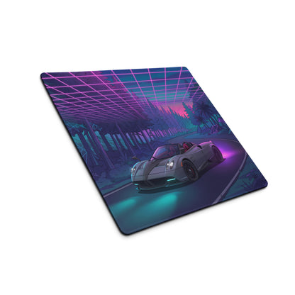 Pagani Huayra Roadster Inspired Silver Purple Vaporwave Gaming Mouse Pad – Neon Forest Road Desk Mat, Retro Futuristic Hypercar Digital Artwork