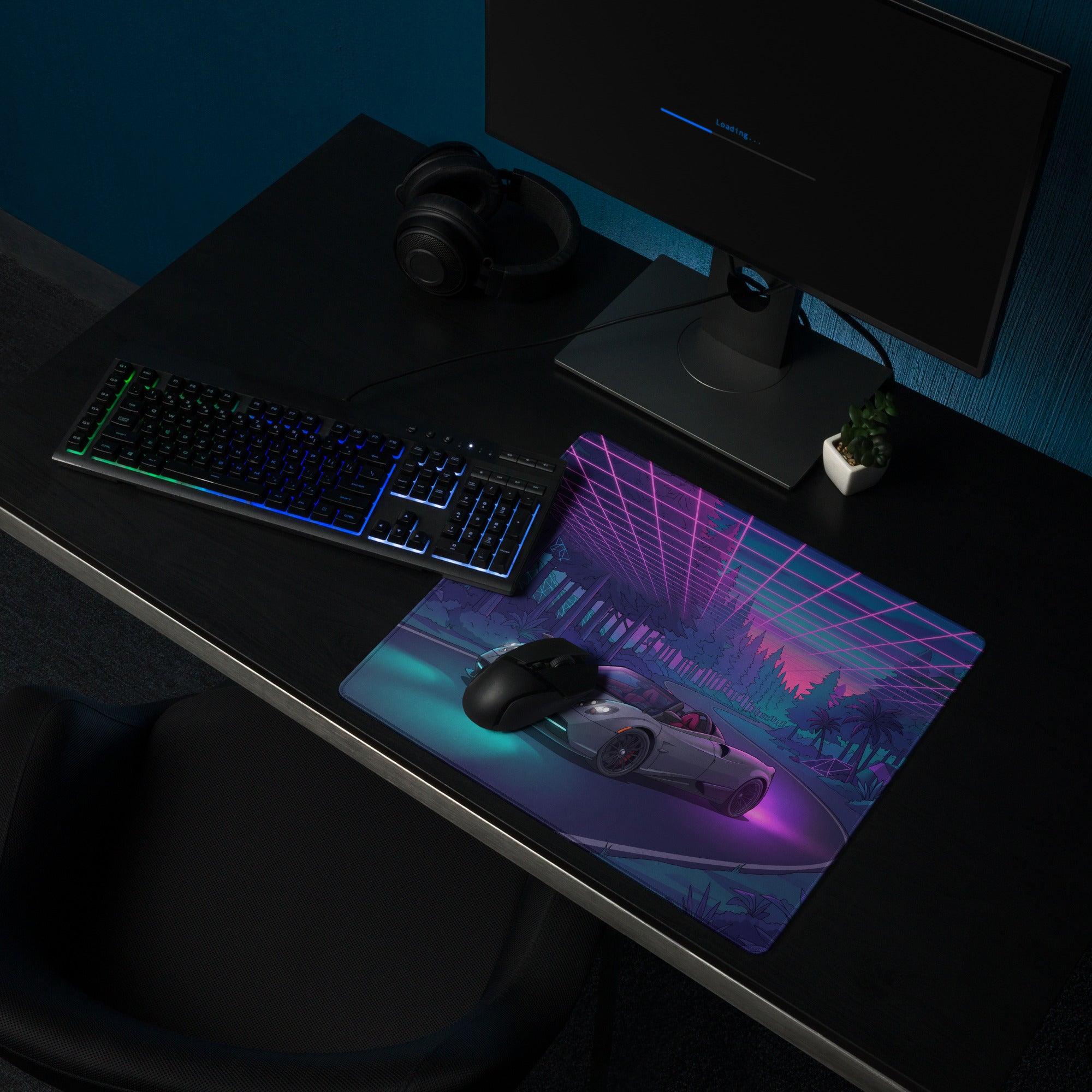 Pagani Huayra Roadster Inspired Silver Purple Vaporwave Gaming Mouse Pad – Neon Forest Road Desk Mat, Retro Futuristic Hypercar Digital Artwork