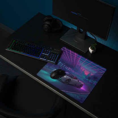 Pagani Huayra Roadster Inspired Silver Purple Vaporwave Gaming Mouse Pad – Neon Forest Road Desk Mat, Retro Futuristic Hypercar Digital Artwork