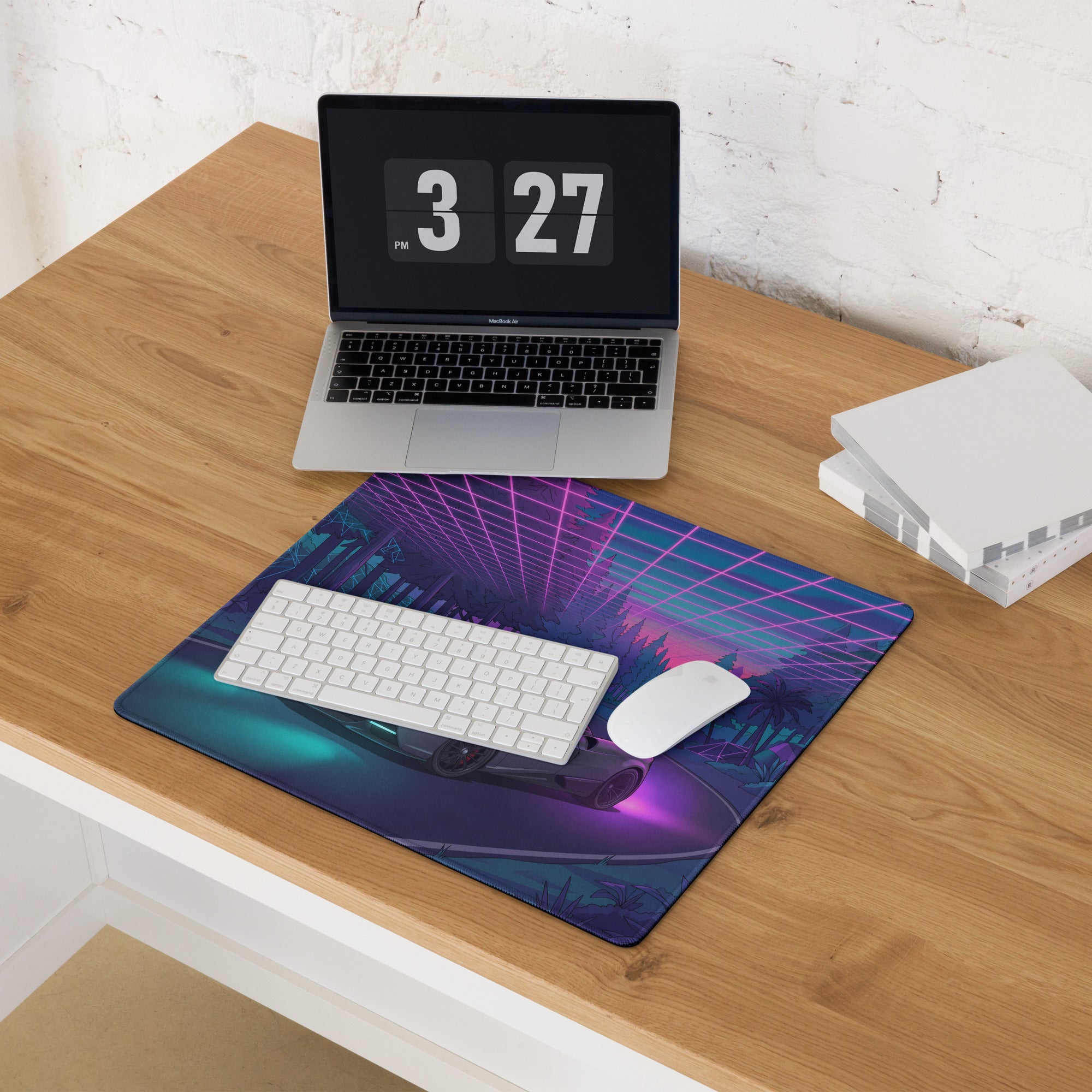 Pagani Huayra Roadster Inspired Silver Purple Vaporwave Gaming Mouse Pad – Neon Forest Road Desk Mat, Retro Futuristic Hypercar Digital Artwork