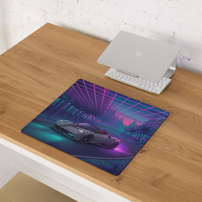 Pagani Huayra Roadster Inspired Silver Purple Vaporwave Gaming Mouse Pad – Neon Forest Road Desk Mat, Retro Futuristic Hypercar Digital Artwork