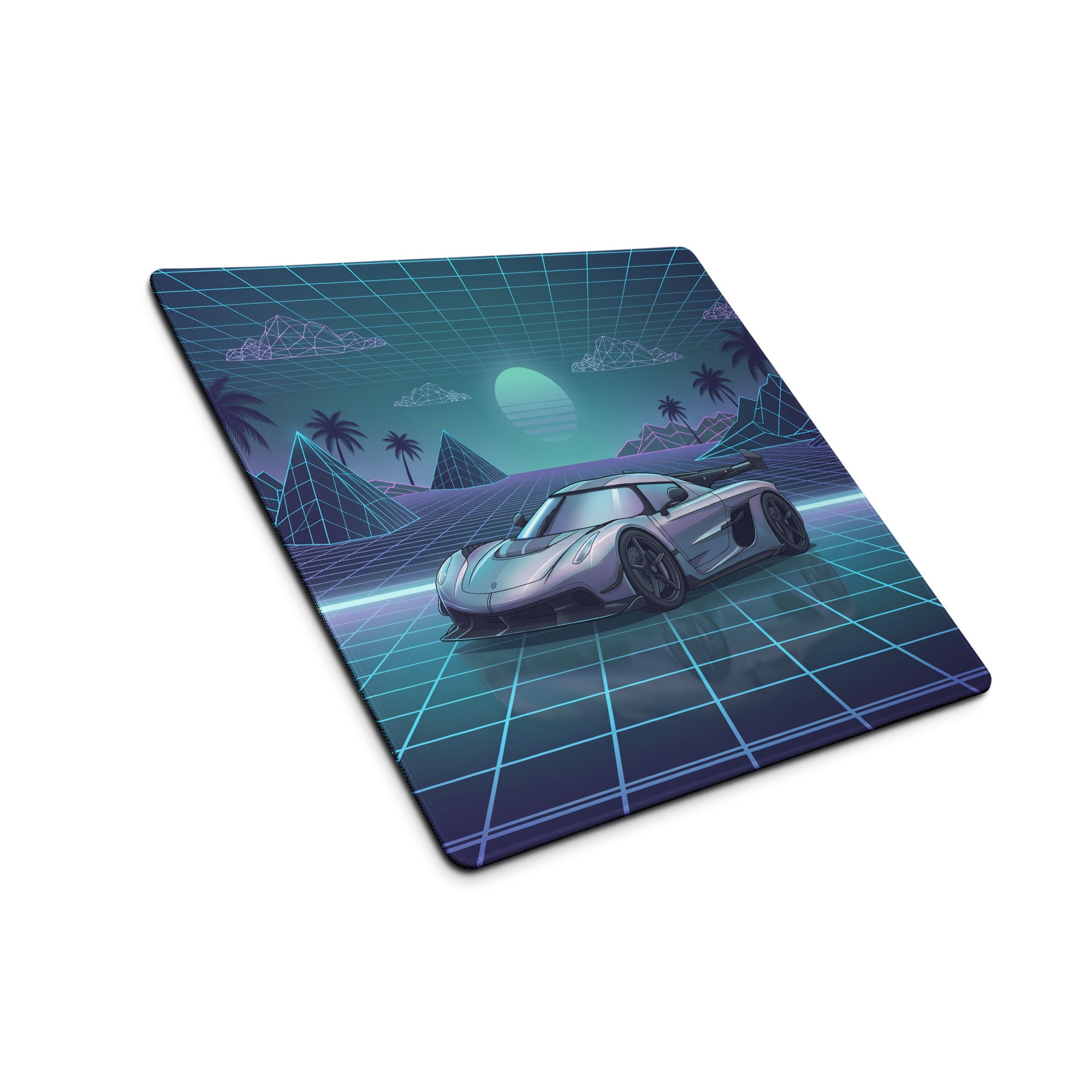 Koenigsegg Jesko Inspired Silver Blue Vaporwave Gaming Mouse Pad – Retro Futuristic Grid Desk Mat with Neon Mountains and Synthwave Supercar Art