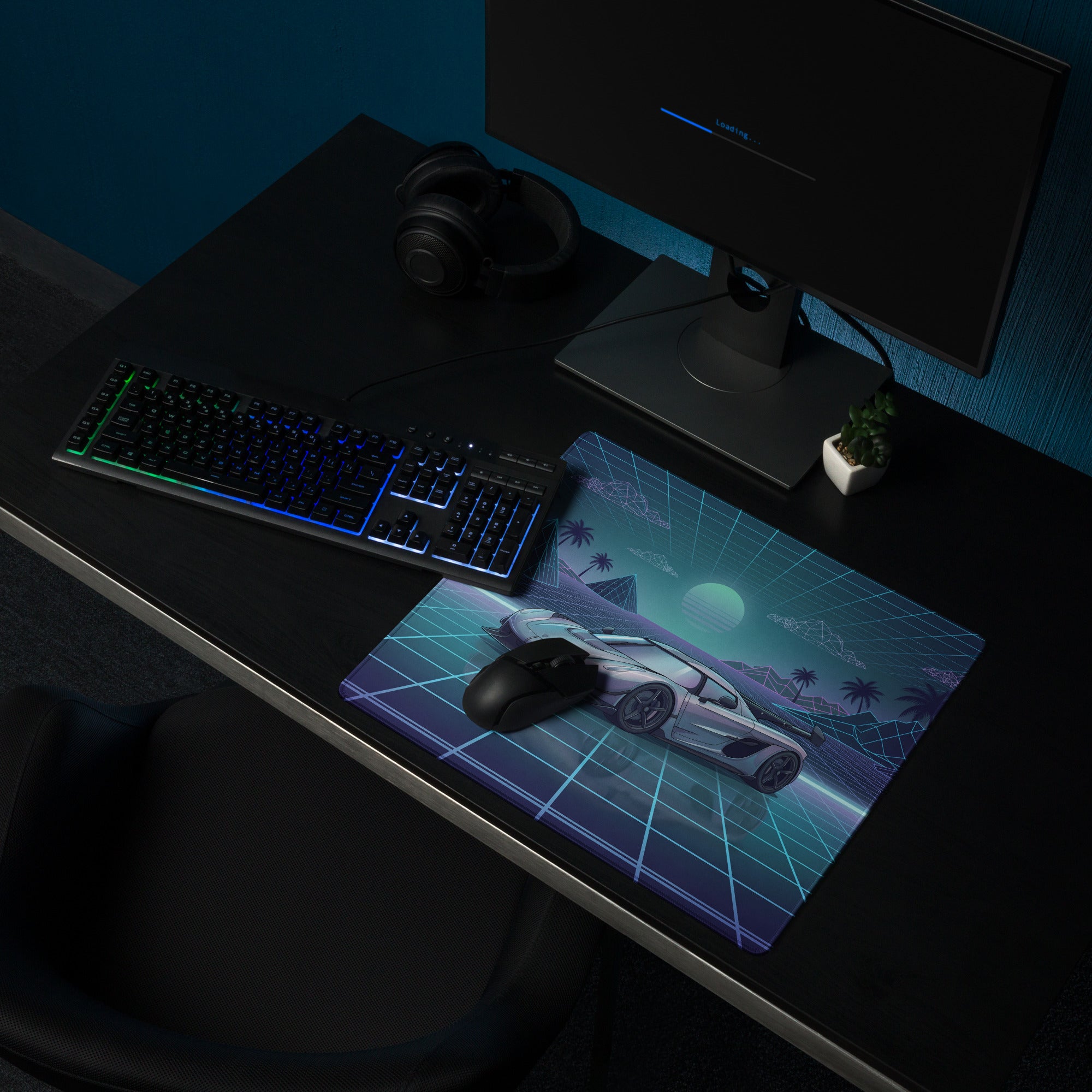 Koenigsegg Jesko Inspired Silver Blue Vaporwave Gaming Mouse Pad – Retro Futuristic Grid Desk Mat with Neon Mountains and Synthwave Supercar Art