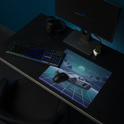 Koenigsegg Jesko Inspired Silver Blue Vaporwave Gaming Mouse Pad – Retro Futuristic Grid Desk Mat with Neon Mountains and Synthwave Supercar Art