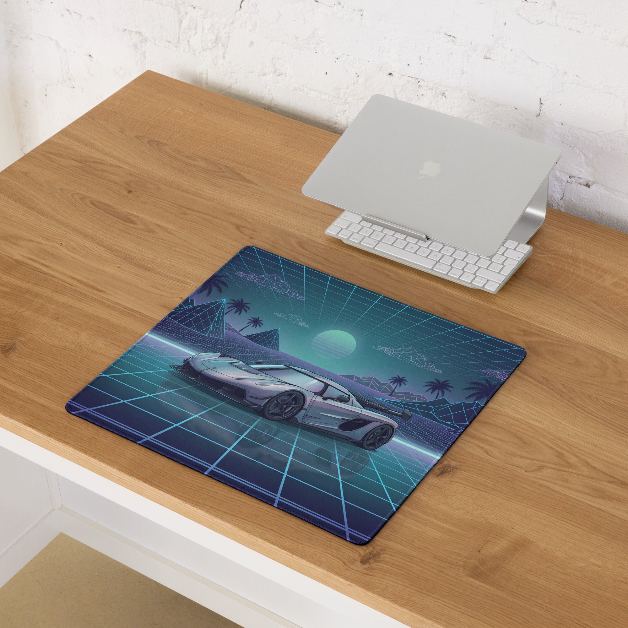 Koenigsegg Jesko Inspired Silver Blue Vaporwave Gaming Mouse Pad – Retro Futuristic Grid Desk Mat with Neon Mountains and Synthwave Supercar Art