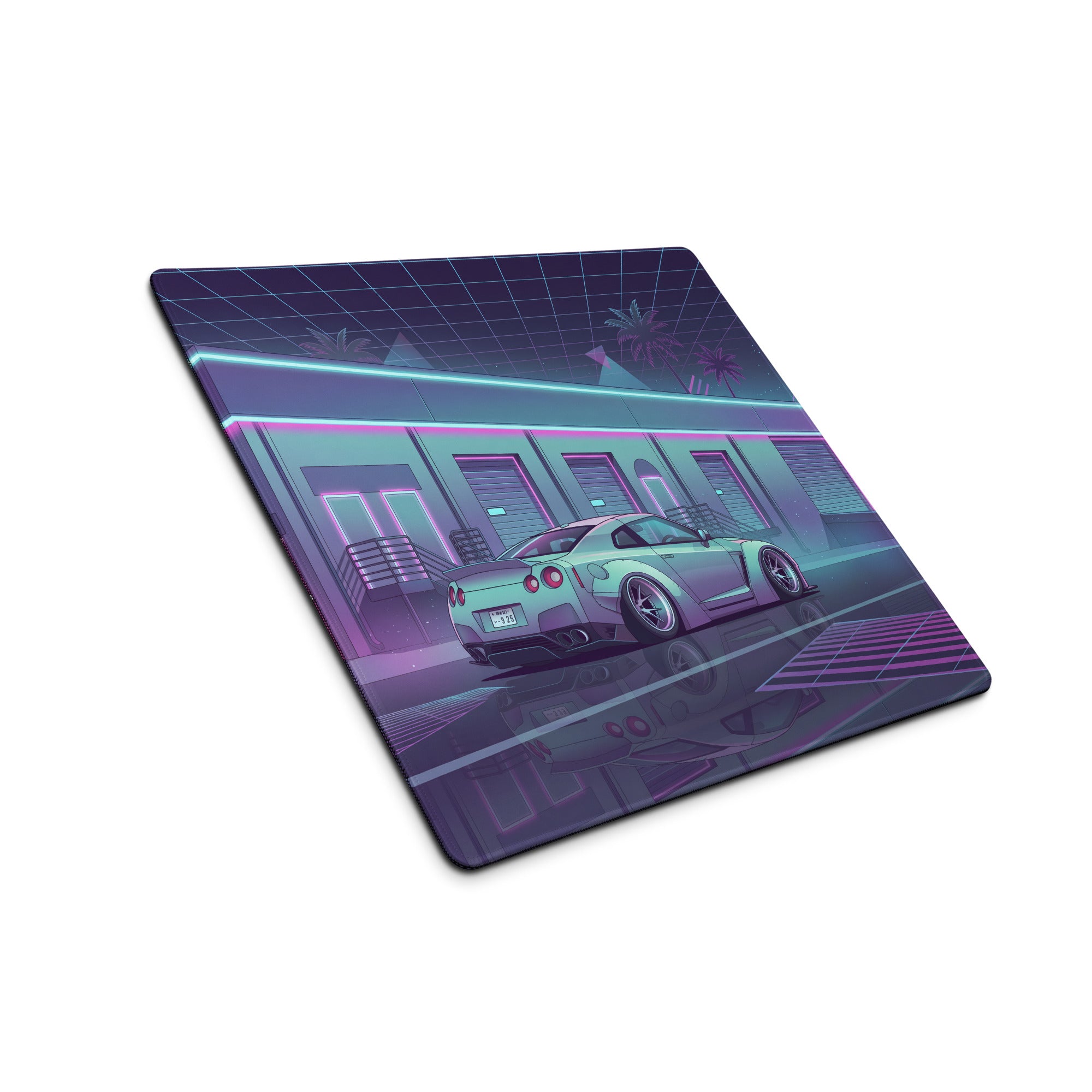 Nissan GT-R R35 Inspired Silver Purple Vaporwave Gaming Mouse Pad – Neon JDM Garage Desk Mat with Cyberpunk Nightscape and Reflective Synthwave Art