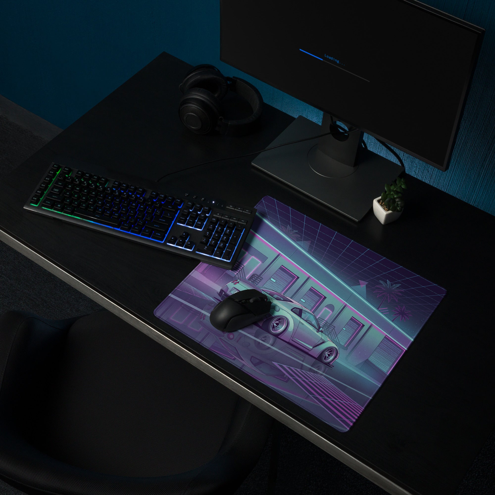 Nissan GT-R R35 Inspired Silver Purple Vaporwave Gaming Mouse Pad – Neon JDM Garage Desk Mat with Cyberpunk Nightscape and Reflective Synthwave Art