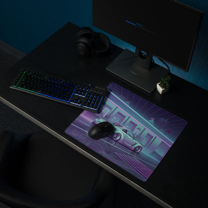Nissan GT-R R35 Inspired Silver Purple Vaporwave Gaming Mouse Pad – Neon JDM Garage Desk Mat with Cyberpunk Nightscape and Reflective Synthwave Art