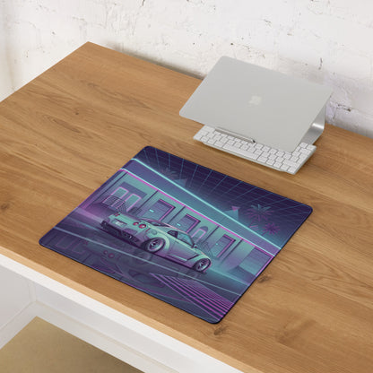 Nissan GT-R R35 Inspired Silver Purple Vaporwave Gaming Mouse Pad – Neon JDM Garage Desk Mat with Cyberpunk Nightscape and Reflective Synthwave Art
