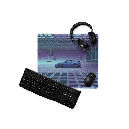 Porsche 911 GT3 RS Inspired Blue Purple Vaporwave Gaming Mouse Pad – Futuristic Grid Desk Mat with Geometric Cyberpunk Architecture and Synthwave Art