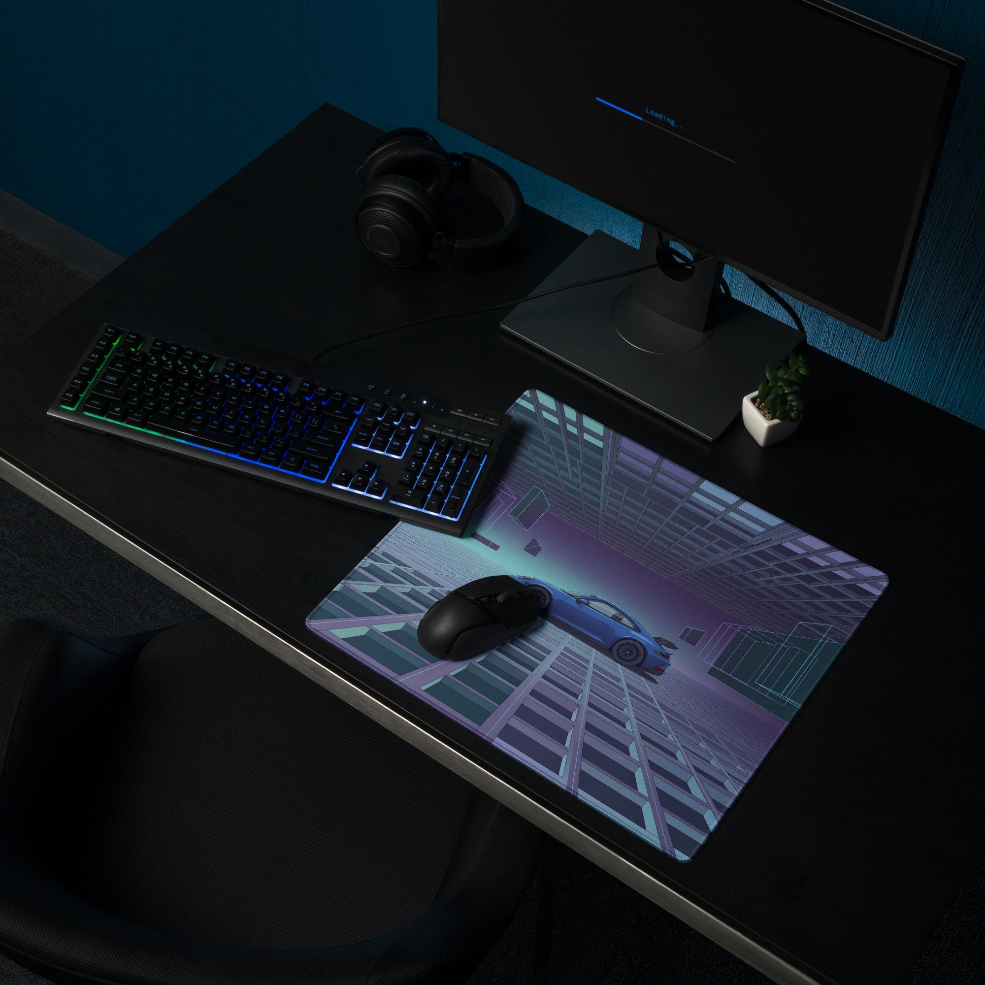 Porsche 911 GT3 RS Inspired Blue Purple Vaporwave Gaming Mouse Pad – Futuristic Grid Desk Mat with Geometric Cyberpunk Architecture and Synthwave Art