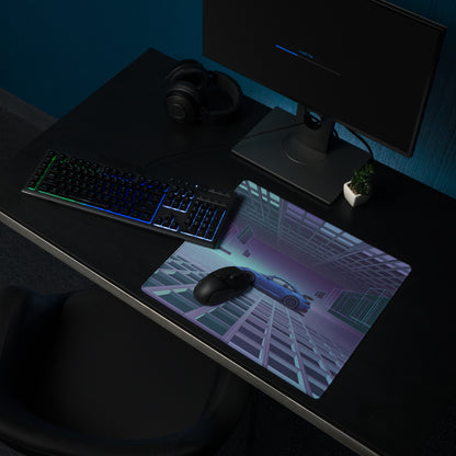 Porsche 911 GT3 RS Inspired Blue Purple Vaporwave Gaming Mouse Pad – Futuristic Grid Desk Mat with Geometric Cyberpunk Architecture and Synthwave Art