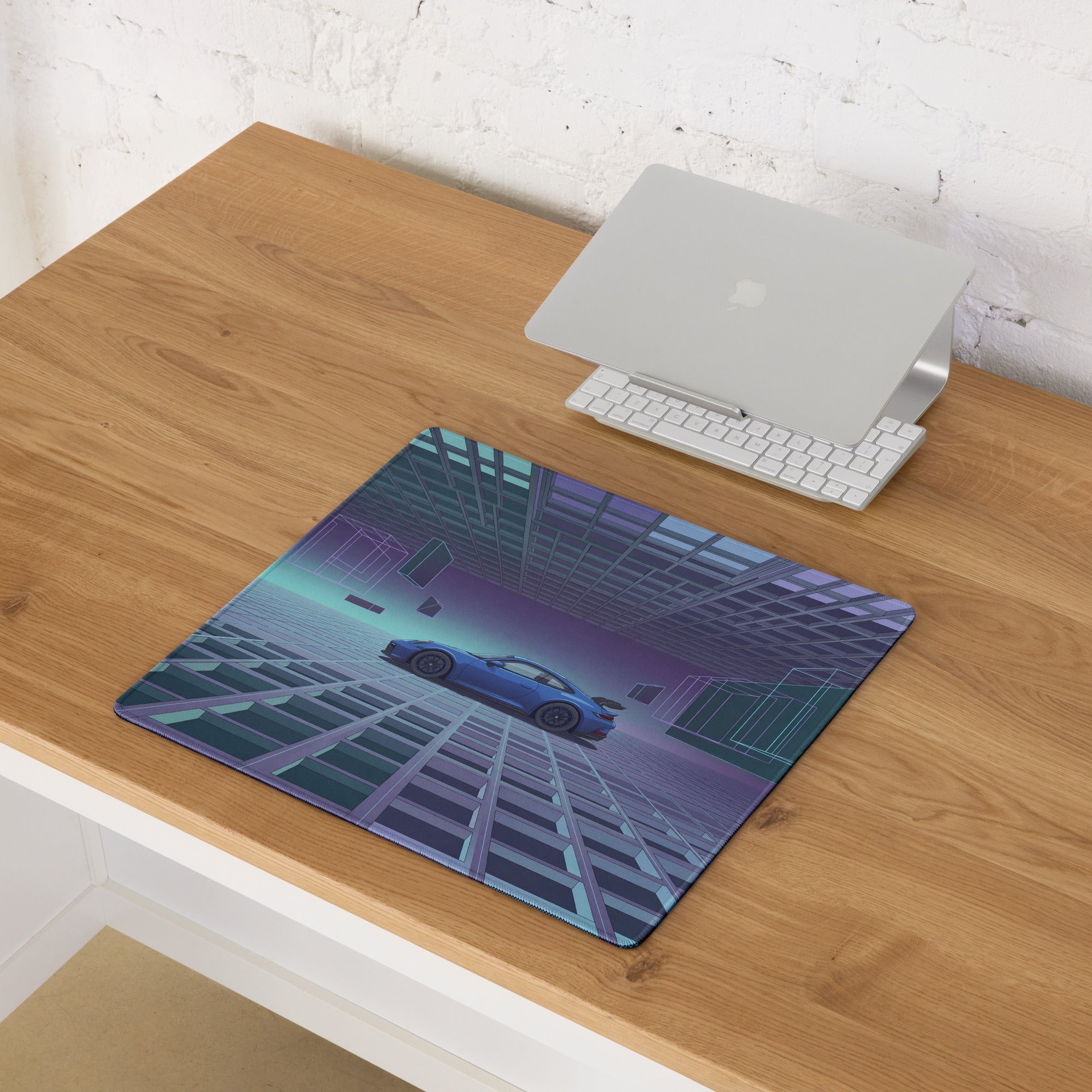 Porsche 911 GT3 RS Inspired Blue Purple Vaporwave Gaming Mouse Pad – Futuristic Grid Desk Mat with Geometric Cyberpunk Architecture and Synthwave Art