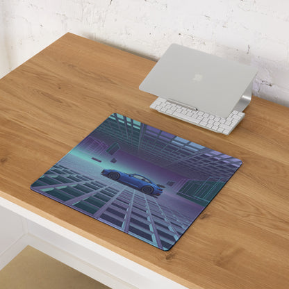Porsche 911 GT3 RS Inspired Blue Purple Vaporwave Gaming Mouse Pad – Futuristic Grid Desk Mat with Geometric Cyberpunk Architecture and Synthwave Art