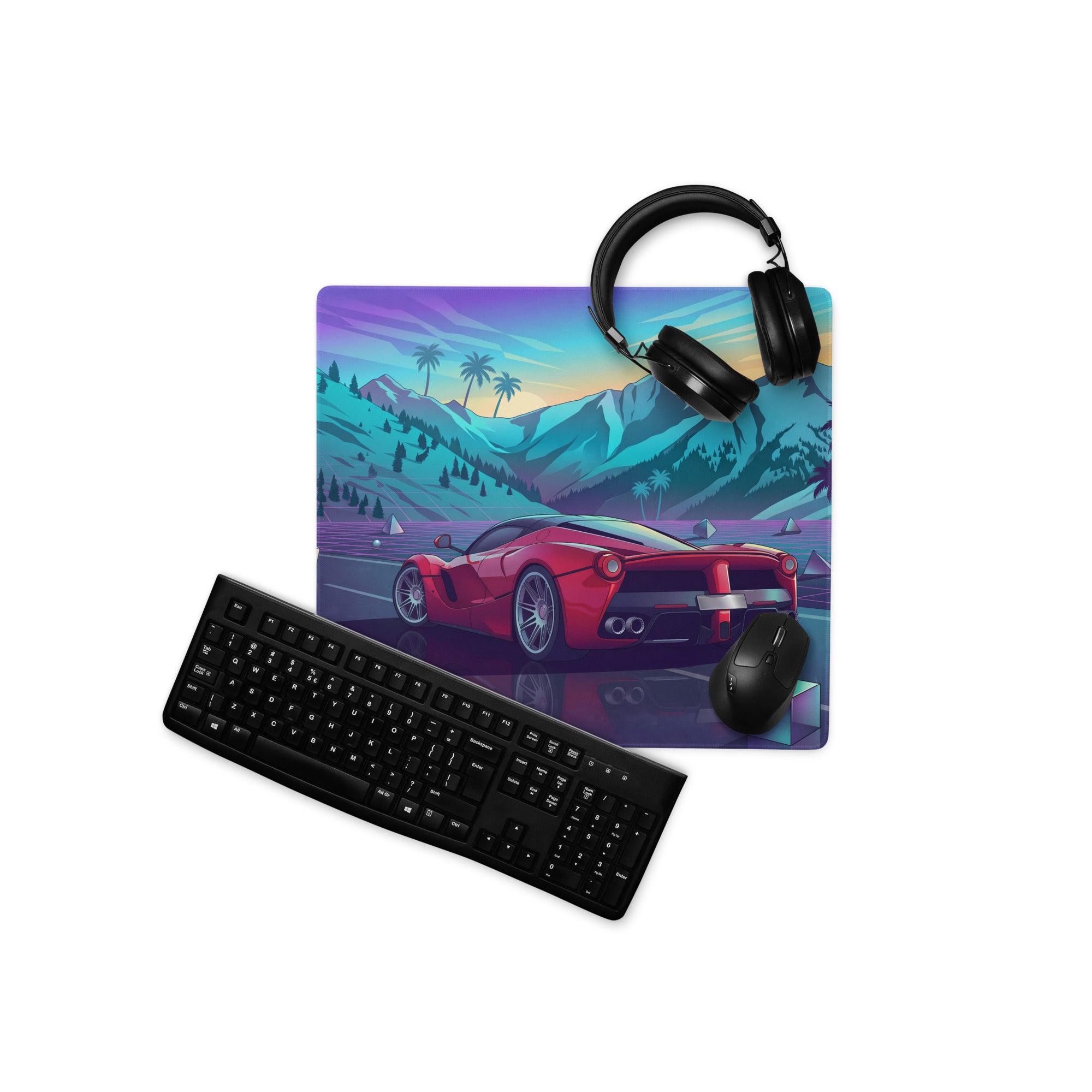 Ferrari LaFerrari Inspired Red Purple Vaporwave Gaming Mouse Pad – Neon Mountain Sunset Desk Mat with Retro Futuristic Palm Trees and Synthwave Supercar Art