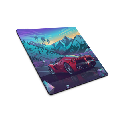 Ferrari LaFerrari Inspired Red Purple Vaporwave Gaming Mouse Pad – Neon Mountain Sunset Desk Mat with Retro Futuristic Palm Trees and Synthwave Supercar Art