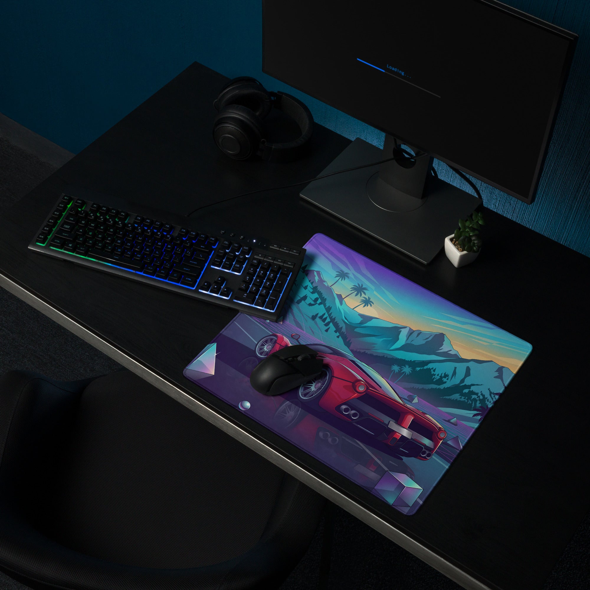 Ferrari LaFerrari Inspired Red Purple Vaporwave Gaming Mouse Pad – Neon Mountain Sunset Desk Mat with Retro Futuristic Palm Trees and Synthwave Supercar Art
