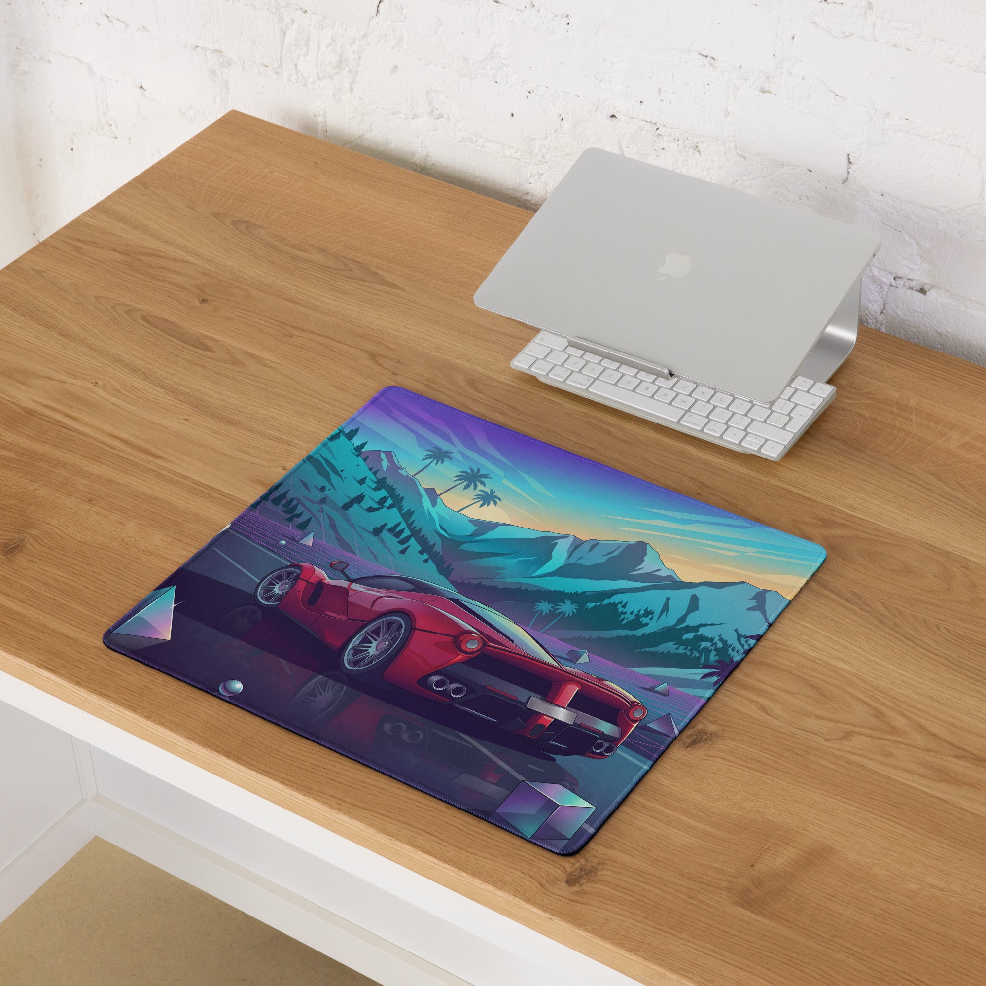 Ferrari LaFerrari Inspired Red Purple Vaporwave Gaming Mouse Pad – Neon Mountain Sunset Desk Mat with Retro Futuristic Palm Trees and Synthwave Supercar Art