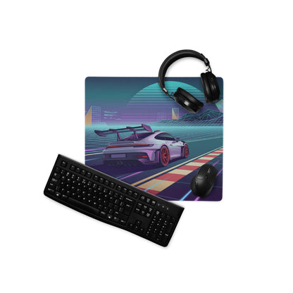 Porsche 911 GT3 RS Inspired Silver Purple Vaporwave Gaming Mouse Pad – Neon Racetrack Desk Mat with Retro Futuristic Grid and Synthwave Motorsport Art