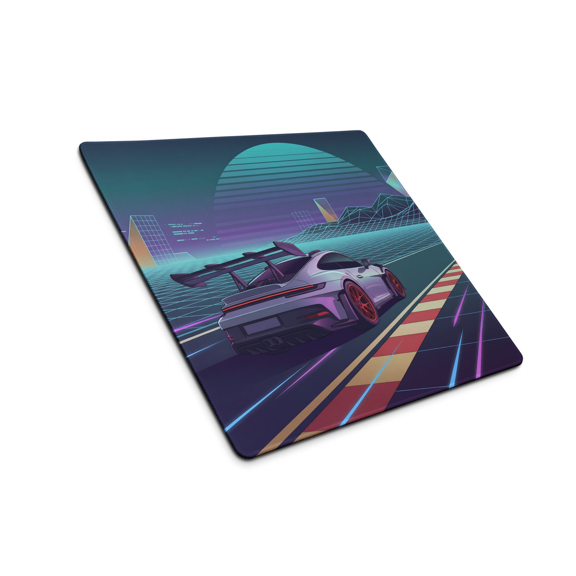 Porsche 911 GT3 RS Inspired Silver Purple Vaporwave Gaming Mouse Pad – Neon Racetrack Desk Mat with Retro Futuristic Grid and Synthwave Motorsport Art