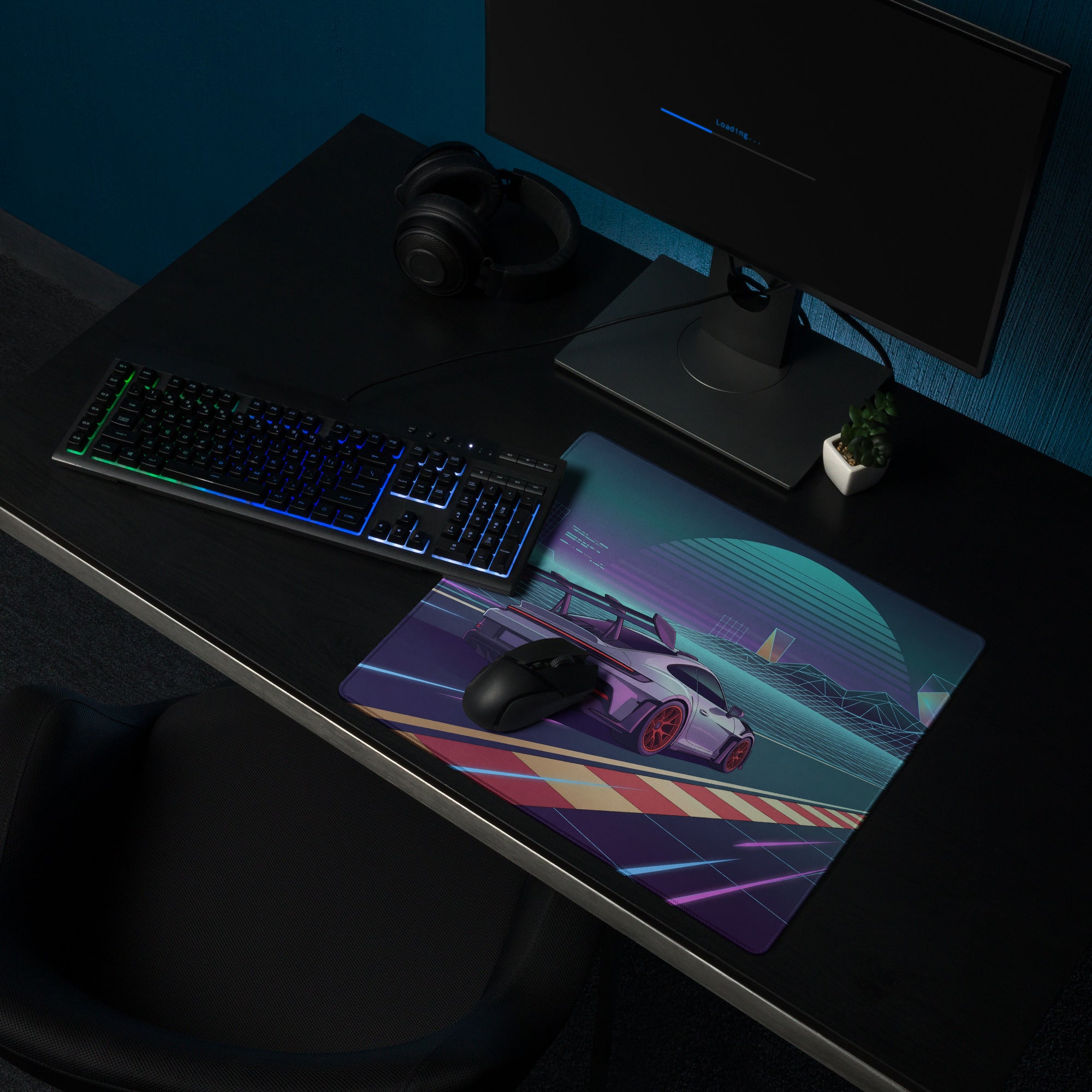 Porsche 911 GT3 RS Inspired Silver Purple Vaporwave Gaming Mouse Pad – Neon Racetrack Desk Mat with Retro Futuristic Grid and Synthwave Motorsport Art