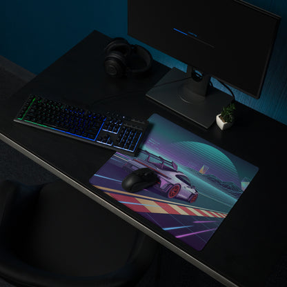 Porsche 911 GT3 RS Inspired Silver Purple Vaporwave Gaming Mouse Pad – Neon Racetrack Desk Mat with Retro Futuristic Grid and Synthwave Motorsport Art