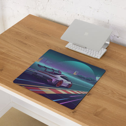 Porsche 911 GT3 RS Inspired Silver Purple Vaporwave Gaming Mouse Pad – Neon Racetrack Desk Mat with Retro Futuristic Grid and Synthwave Motorsport Art