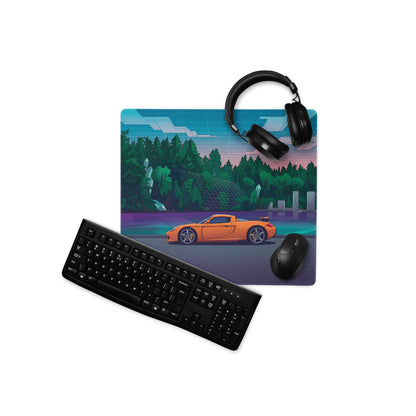 Porsche Carrera GT Inspired Orange Teal Vaporwave Gaming Mouse Pad – Retro Futuristic Forest Desk Mat with Neon Grid Landscape and Synthwave Supercar Art