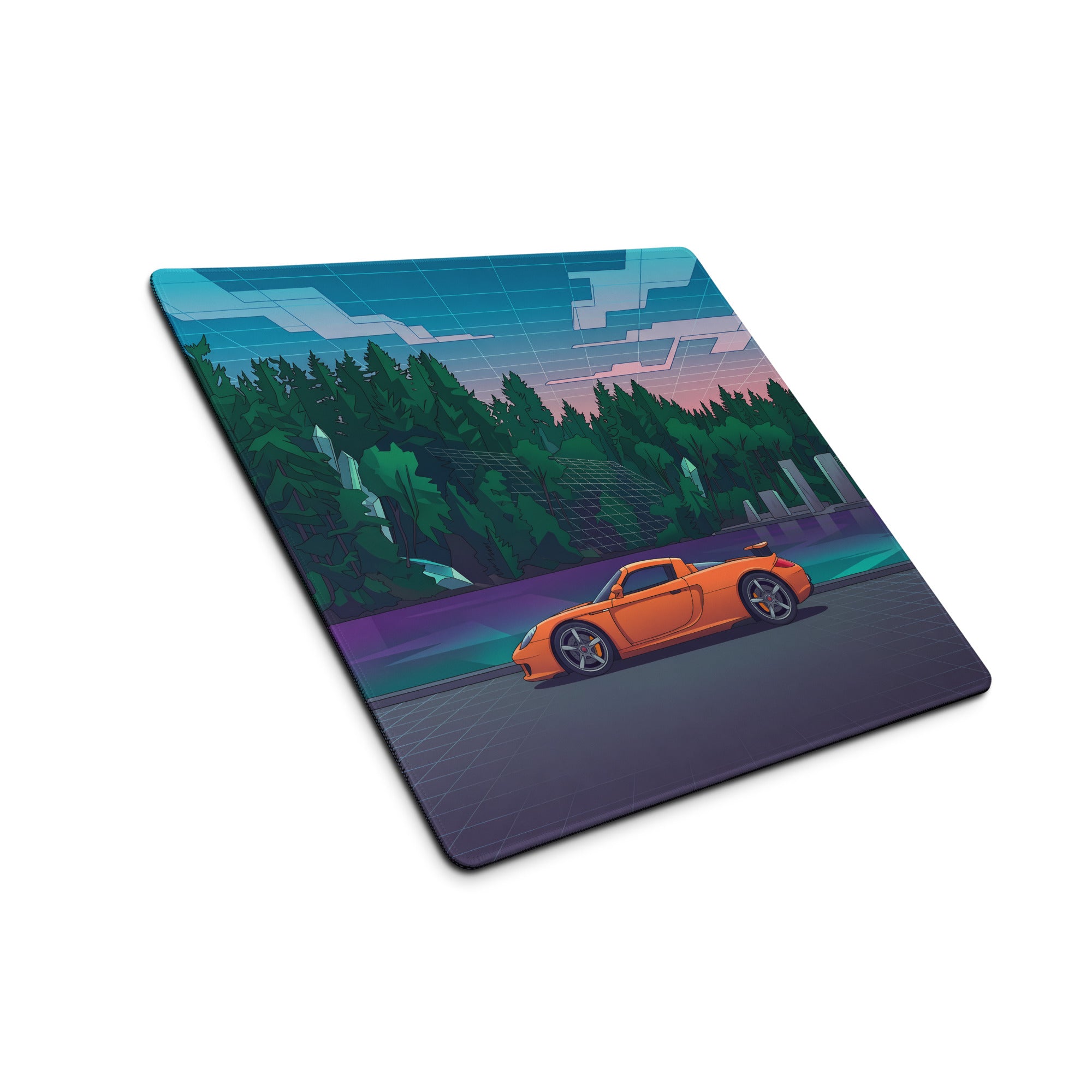 Porsche Carrera GT Inspired Orange Teal Vaporwave Gaming Mouse Pad – Retro Futuristic Forest Desk Mat with Neon Grid Landscape and Synthwave Supercar Art