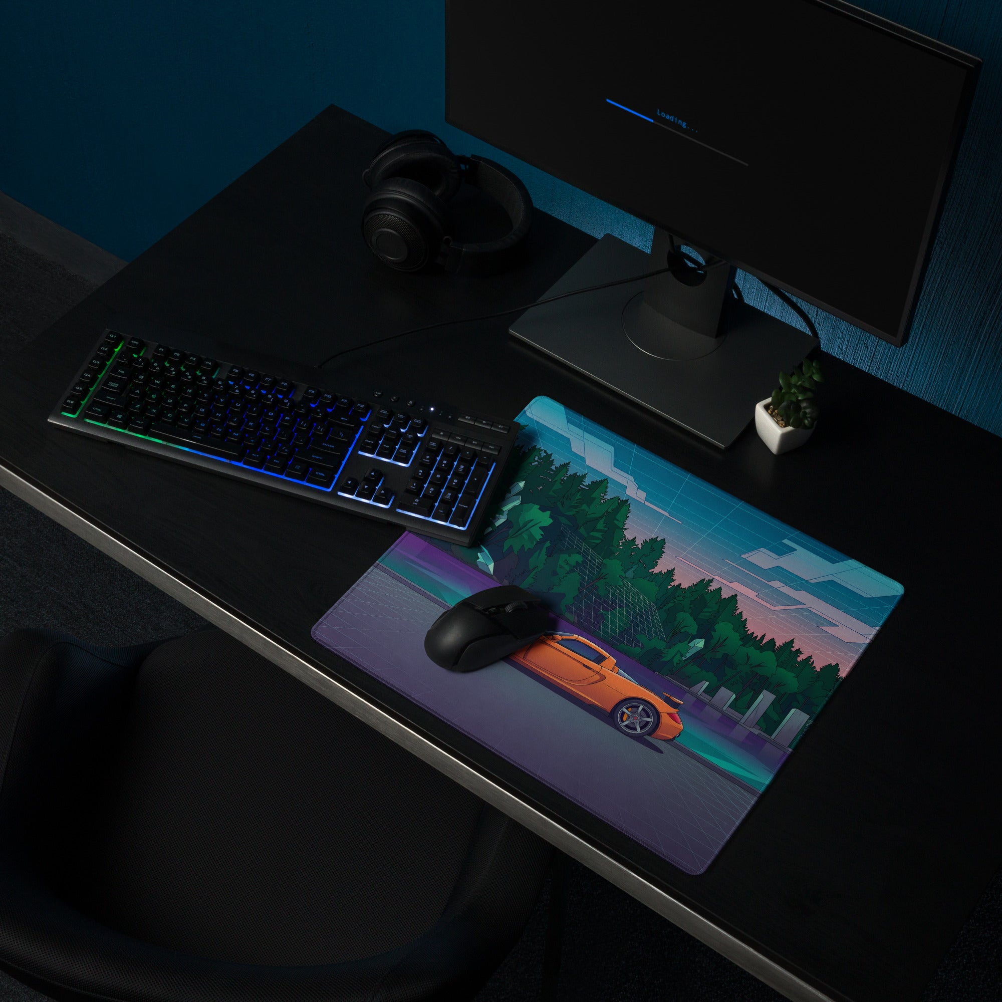 Porsche Carrera GT Inspired Orange Teal Vaporwave Gaming Mouse Pad – Retro Futuristic Forest Desk Mat with Neon Grid Landscape and Synthwave Supercar Art