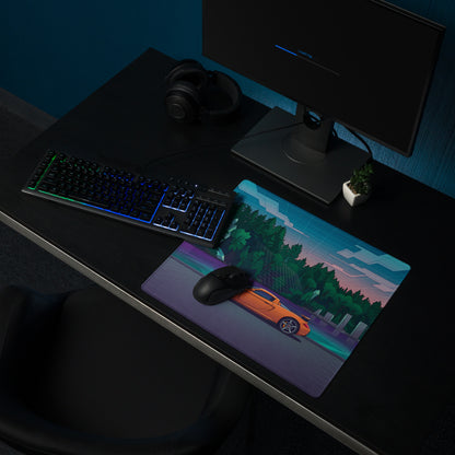 Porsche Carrera GT Inspired Orange Teal Vaporwave Gaming Mouse Pad – Retro Futuristic Forest Desk Mat with Neon Grid Landscape and Synthwave Supercar Art