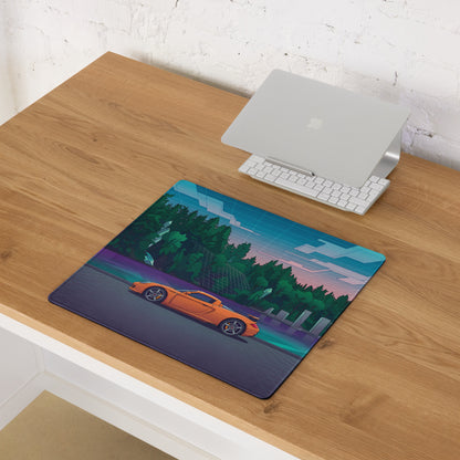 Porsche Carrera GT Inspired Orange Teal Vaporwave Gaming Mouse Pad – Retro Futuristic Forest Desk Mat with Neon Grid Landscape and Synthwave Supercar Art