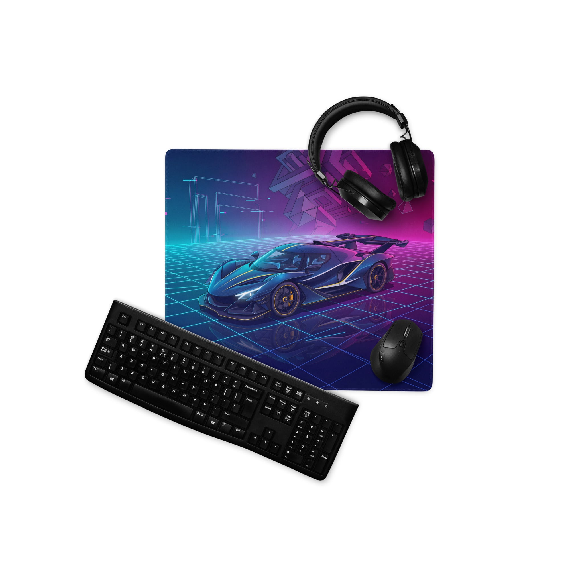 Apollo Intensa Emozione Inspired Blue Magenta Vaporwave Gaming Mouse Pad – Neon Cyberpunk Grid Desk Mat with Futuristic Geometric Hypercar Art