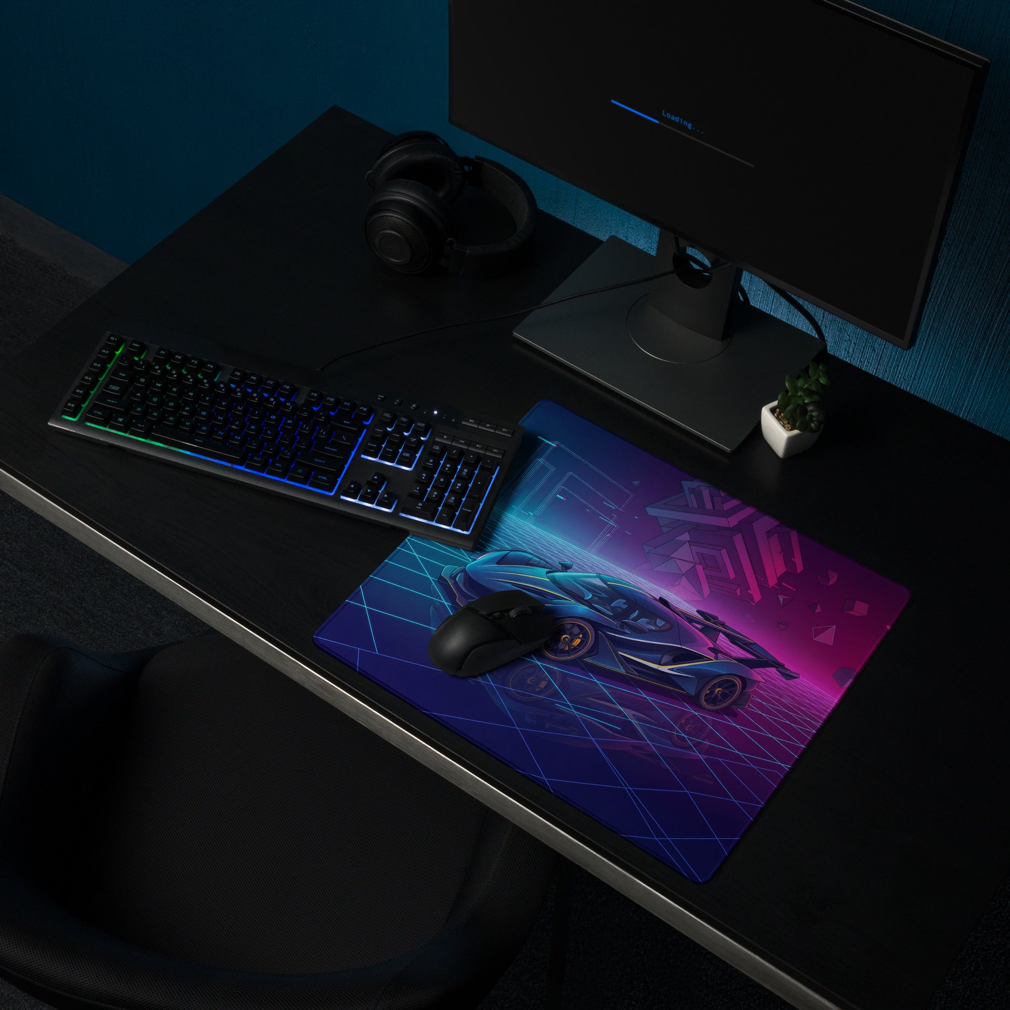 Apollo Intensa Emozione Inspired Blue Magenta Vaporwave Gaming Mouse Pad – Neon Cyberpunk Grid Desk Mat with Futuristic Geometric Hypercar Art