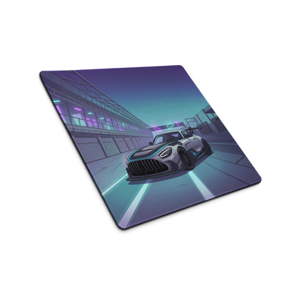 Mercedes-AMG GT3 Inspired Silver Purple Vaporwave Gaming Mouse Pad – Neon Racetrack Garage Desk Mat with Cyberpunk Lighting and Motorsport Art