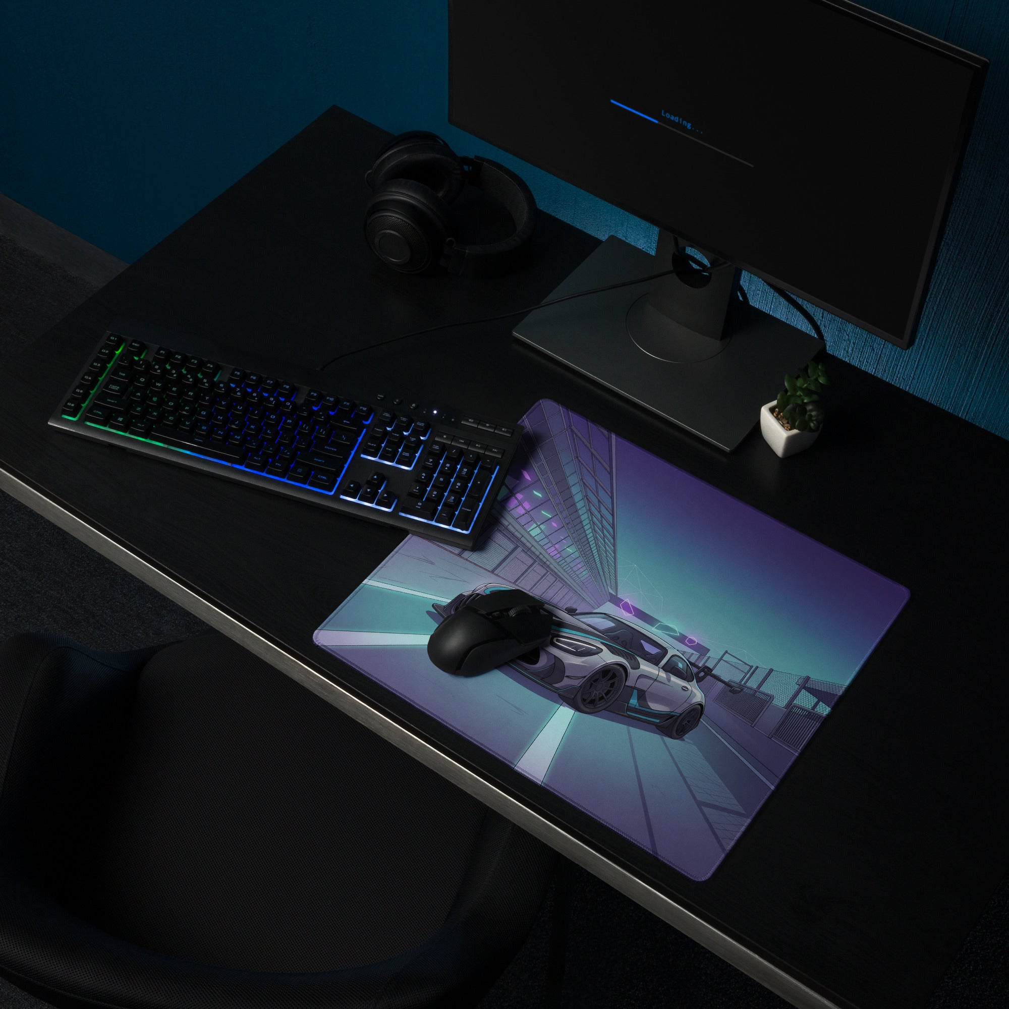 Mercedes-AMG GT3 Inspired Silver Purple Vaporwave Gaming Mouse Pad – Neon Racetrack Garage Desk Mat with Cyberpunk Lighting and Motorsport Art