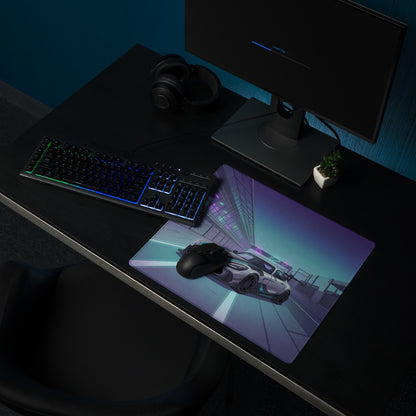 Mercedes-AMG GT3 Inspired Silver Purple Vaporwave Gaming Mouse Pad – Neon Racetrack Garage Desk Mat with Cyberpunk Lighting and Motorsport Art