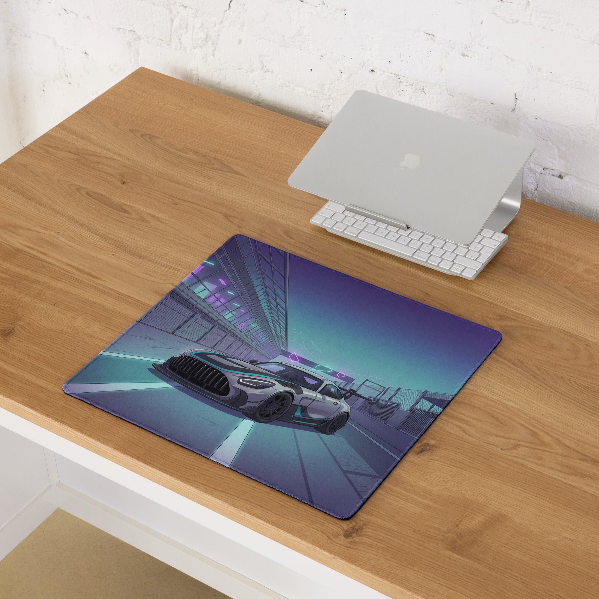 Mercedes-AMG GT3 Inspired Silver Purple Vaporwave Gaming Mouse Pad – Neon Racetrack Garage Desk Mat with Cyberpunk Lighting and Motorsport Art